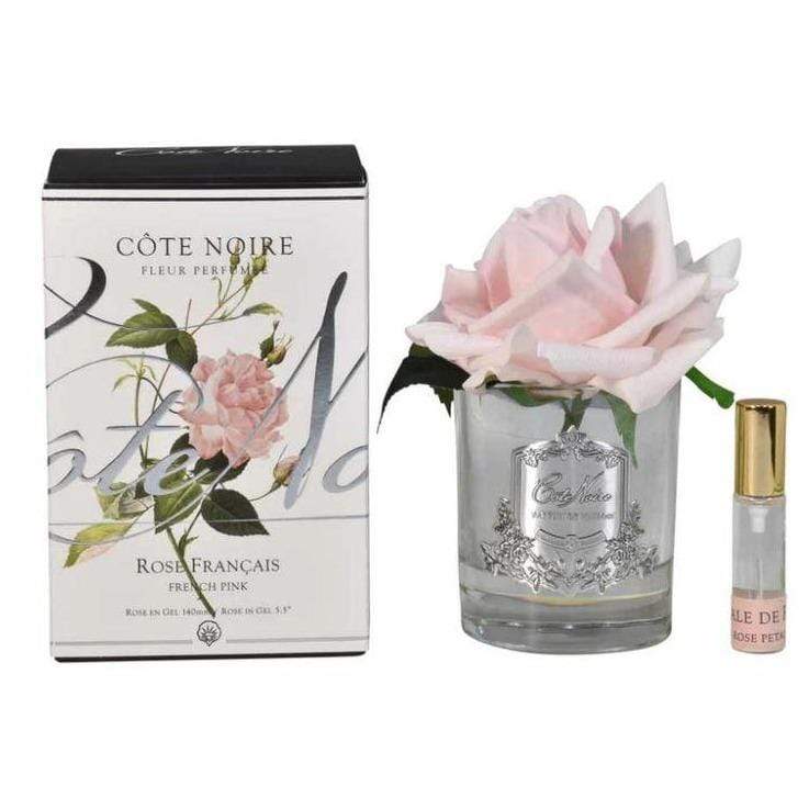 Cote Noire Single French Pink Rose- Clear Glass with Silver Badge GMR06