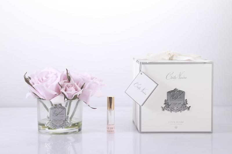 COTE NOIRE PERFUMED NATURAL TOUCH 5 ROSES - CLEAR VASE - FRENCH PINK - GMR66