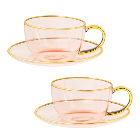 Rose Glass Teacup & Saucer Set of 2